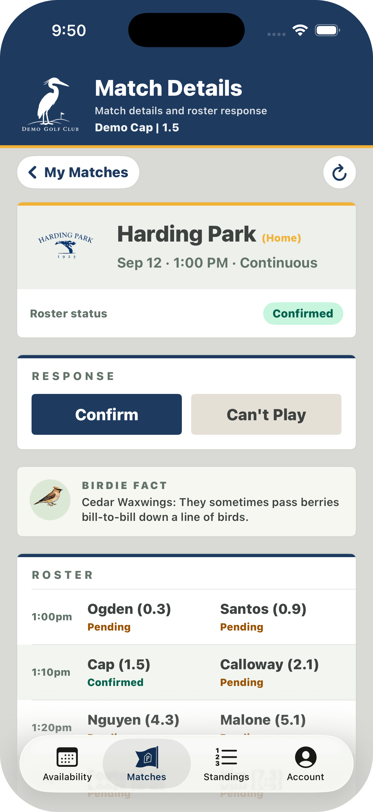 Published roster and pairings view